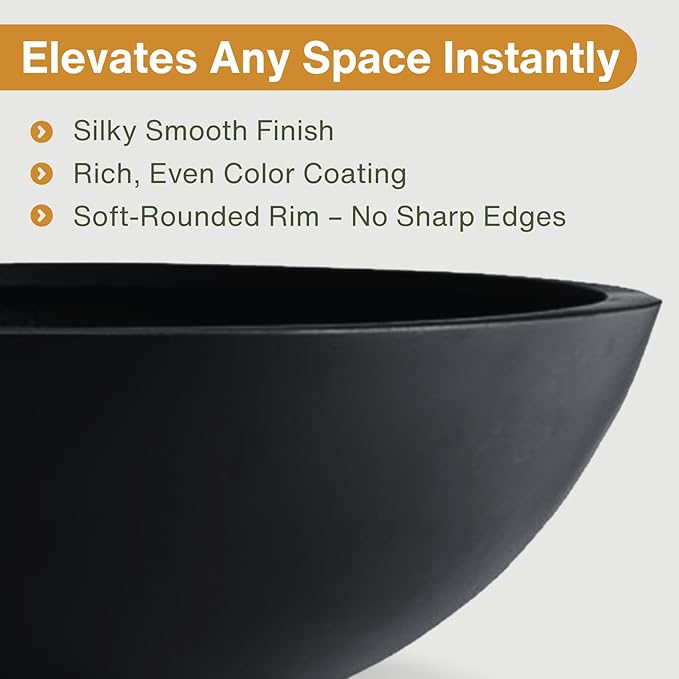 6.9" H x 19.7" D Round Bowl Fiberstone Planter for Succulent and Lotus, Drainage Hole, Weather Resistant for Indoor and Outdoor Use, Included 2 Extra Coco Mats (Black, 17.9" Pot Opening)
