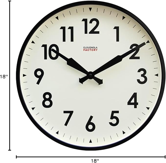 Cloudnola Station Metal Wall Clock, Black and White, 18 inch Diameter, Silent Non Ticking, Battery Operated Quartz Movement