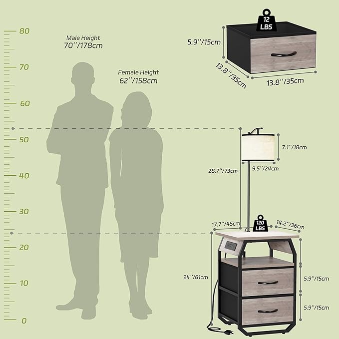 Floor Lamp with Table, End Tables with Lamps Attached 3-Color Temperature Bulb, Side Table with Lamp with 2 Drawers & Charging, Lamps Tables Combo for Bedroom, Dorm, Apartment - Greige