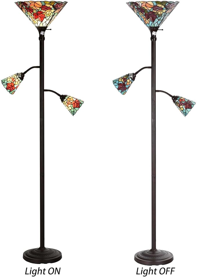 Bieye L10884 Maple Tree Leaves Tiffany Style Stained Glass Torchiere Floor Lamp with Sidelights for Reading Home Decor, 70-inches Tall (Maple Leaf, Red)