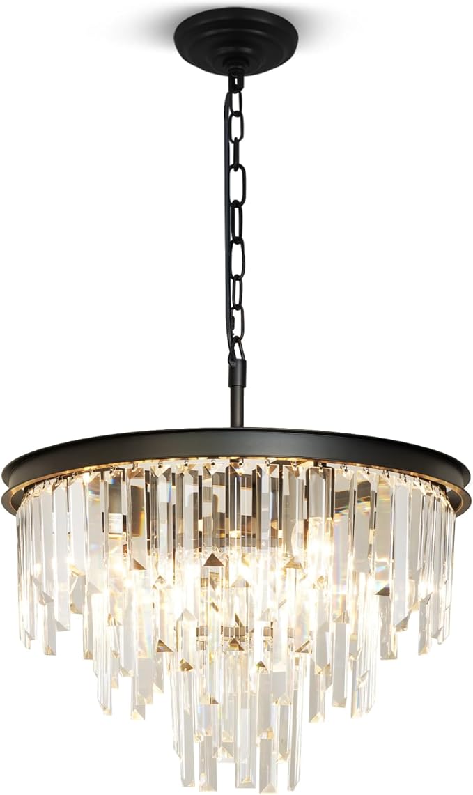 20'' Modern Crystal Chandelier, Black Round Ceiling Light with Clear Prisms, Luxury Flush Mount Lighting Fixture for Dining Room Bedroom Foyer