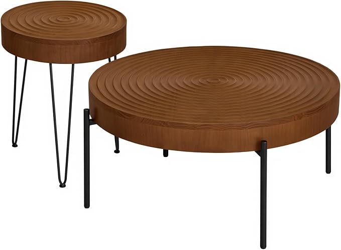 2 Piece Modern Farmhouse Living Room Coffee Table Set, Nesting Table Round Natural Finish with Handcrafted Wood Ring Motif, Walnut Colour