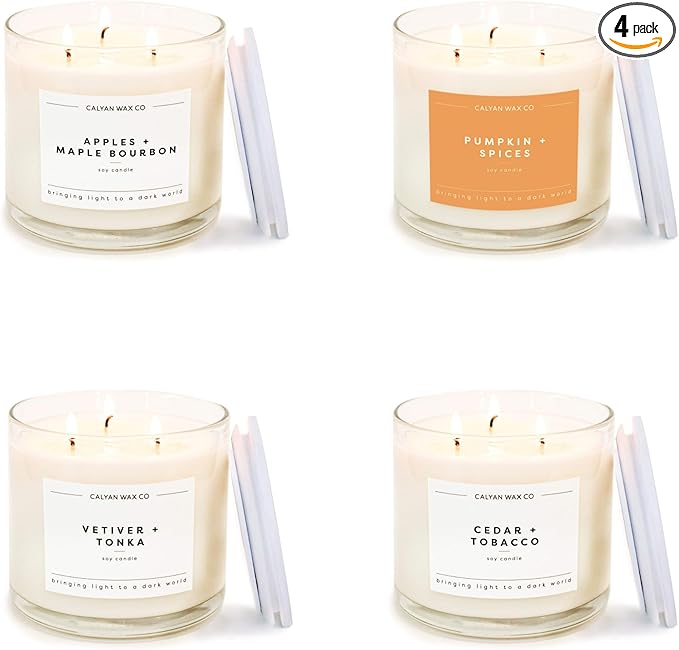 Calyan Wax Co. Fall Scented Candle Set, Fall Bundle of 4 Scented Candles, Bulk 3 Wick Candles, Non Toxic & Vegan Soy Wax, Candle Gift Set, 43 Hour Burn Time, 14.9oz Each