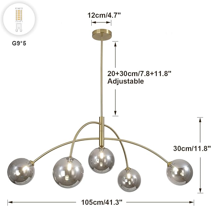 Modern Gold Chandelier 5 Light Smoke Gray Semi Flush Mount Chandelier Vintage Industrial Ceiling Light Dining Room Chandelier for Kitchen Bedroom Hallway