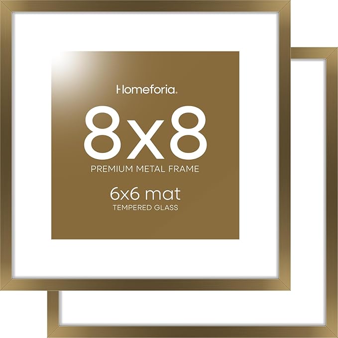 Homeforia 8x8 Picture Frames Bronze, High End Metal 8 x 8 Square Photo Frame with Mat 6 by 6, 8x8 Brass Frame Matted to 6x6 inch Print, 8by8 Wall or Tabletop Frames, Tempered Glass, Wall Kit, Set of 2