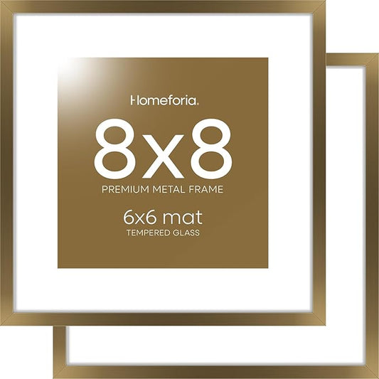 Homeforia 8x8 Picture Frames Bronze, High End Metal 8 x 8 Square Photo Frame with Mat 6 by 6, 8x8 Brass Frame Matted to 6x6 inch Print, 8by8 Wall or Tabletop Frames, Tempered Glass, Wall Kit, Set of 2