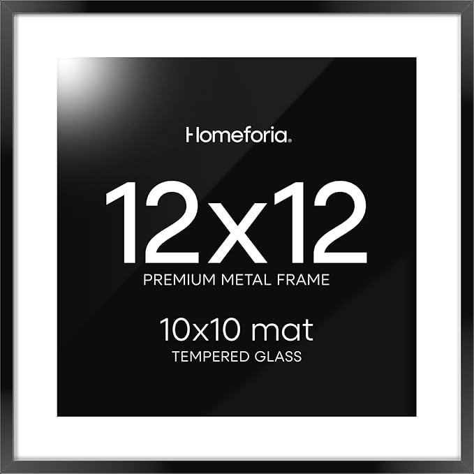 Homeforia Black 12x12 Picture Frames, High End Metal 12 x 12 Square Poster Frame with Mat 10 x 10 Photo, 12x12 Black Frame Matted to 10x10 Print, 12by12 Thin Frames, Tempered Glass, Wall Kit, Set of 1