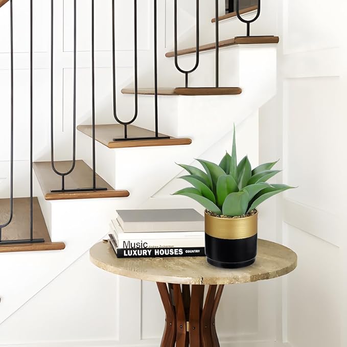 Briful Artificial Agave Plant in Black and Gold Metal Pot, 13 Inch Tall Fake Succulent Potted Plants with Wide Gray-Green Leaves, Faux Houseplant for Modern Home Office Shelf Decor