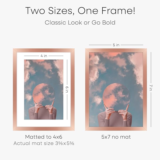 Homeforia Rose Gold 5x7 Picture Frame, High End Metal 5 x 7 Frames with Mat 4 x 6 for Print, 5by7 Desk Frame Matted to 4x6 inch Photo, 5 by 7 Wall or Tabletop Frame, Tempered Glass, Wall Kit, Set of 2