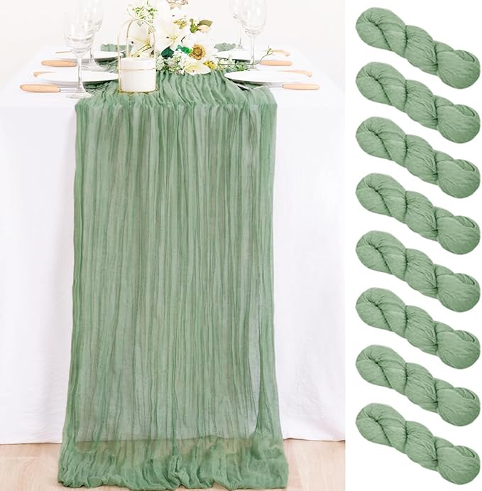 MLMC 8 Pack Sage Green Table Runner 10ft Rustic Gauze Cheesecloth Table Runner 35x120 Inches Cheese Cloth for Fall Boho Wedding Bridal Shower Centerpiece Decor
