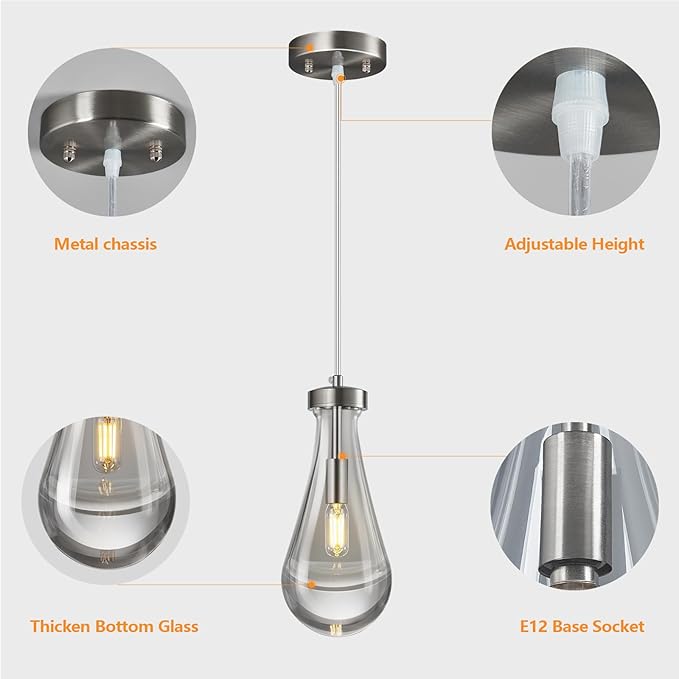 Raindrop Pendant Lights Kitchen Island Teardrop Nickel Hanging Light Fixtures Clear Solid Glass Pendant Light Modern Chandeliers for Dining Room Porch Corridor Living Room(2-Pack)