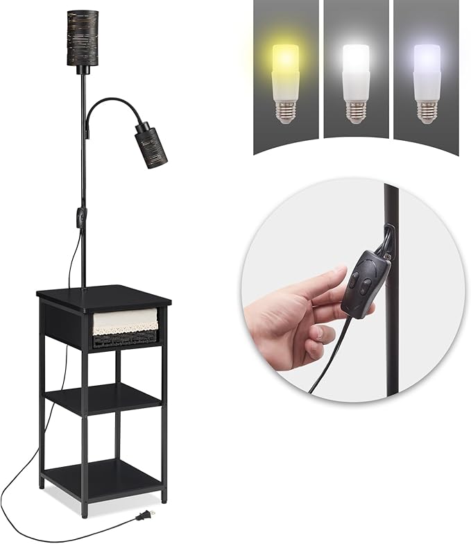 Floor Lamp with End Table, Side Table with Lamp Attached, Bedside Nightstand Light for Small Spaces with Wicker Drawer and Storage Shelf for Living Room, Bedroom, Guest Room, 2 Bulbs Included