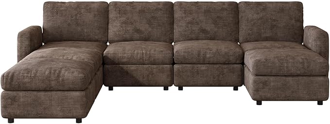 Modular Sectional Sofa Couch with Ottoman Storage, 7-Seater Convertible Sleeper Sofas for Living Room Bedroom Apartment, Comfy Brown Cloud Couches Furniture Set