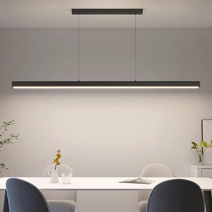 57" LED Linear Pendant Light Fixtures, 25W Dimmable Pool Table Light with Remote, Modern Island Lights for Kitchen Dining Room Living Room Office Bar, 3000k-6000k, Black