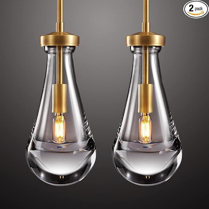 Modern Brass Rod Pendant Light Set of 2, Raindrop Pendant Lights Kitchen Island, Gold Pendant Light, Teardrop Interior pendant light in The Kitchen Island Living Room Bedroom Bathroom, Including Bulb