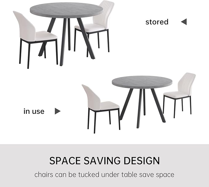34.6'' Round Dining Table and Chairs for 2, Space Saving Modern Casual Coffee Table Set for Apartment Kitchen Dining Room (Grey Table+2 White Chairs)