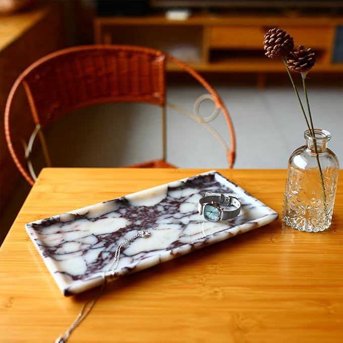 Natural Marble Tray, Coffee Table, Food, Fruit, Paper Cup, Cake Display, Coffee bar, Family Gatherings, Seasonal Holiday Decoration Tray(Viola-rectangle-11 x5 x0.7)