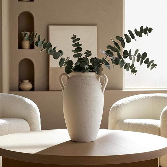 Sagebrook Home Stoneware Vase with Handles Ceramic Rustic for Flowers - Home Decor for Living Room, Bedroom, Office - Textured Pottery Accent for Floral Arrangements - 13" White