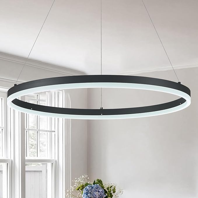 Modern LED Pendant Lighting 24'' Ring Chandelier Black Dimmable LED Chandelier for Dining Room 36W Adjustable Pendant Light Fixture for Living Room Bedroom Home Office Foyer, 3000-6500K