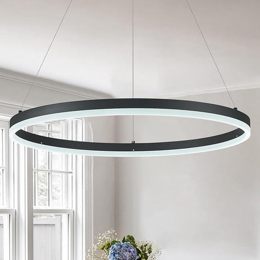 Modern LED Pendant Lighting 24'' Ring Chandelier Black Dimmable LED Chandelier for Dining Room 36W Adjustable Pendant Light Fixture for Living Room Bedroom Home Office Foyer, 3000-6500K