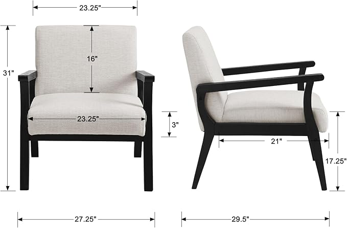 Mid Century Modern Accent Chair, Linen Upholstered Living Room Accent Armchair with Black Wood Frame, Farmhouse Chair Indoor Corner Chair for Living Room Bedroom, Beige