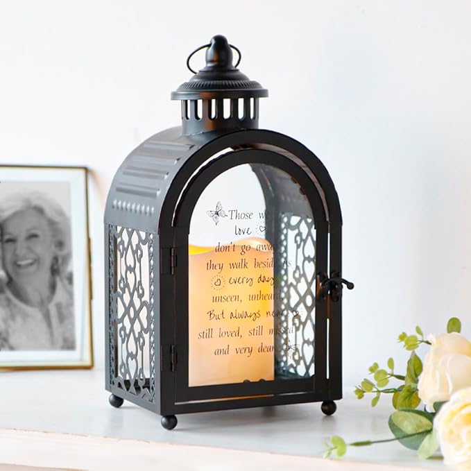 TRIROCKS Memorial Lantern 11'' High Walk Beside Us Remembrance Lantern With Automatic Timer LED Candle And Love Pattern Bereavement Sympathy Gifts For Funeral Memorial Service Loss of Loved One(Black)