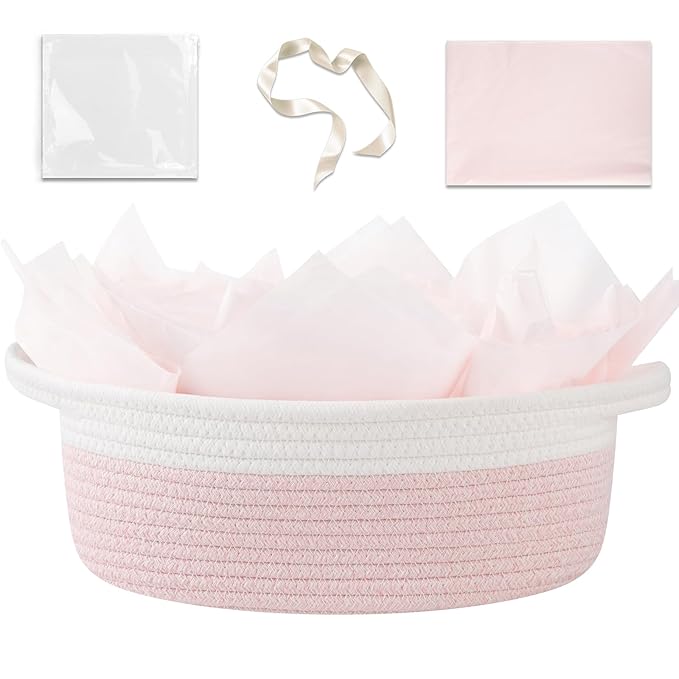 OIAHOMY Gift Basket Empty with Handle, 12"x 8"x 5" Small Woven Basket with Gift Bag, Ribbon and Wrap Tissue Paper, Dog Toy Storage for Organizing - Pink & White
