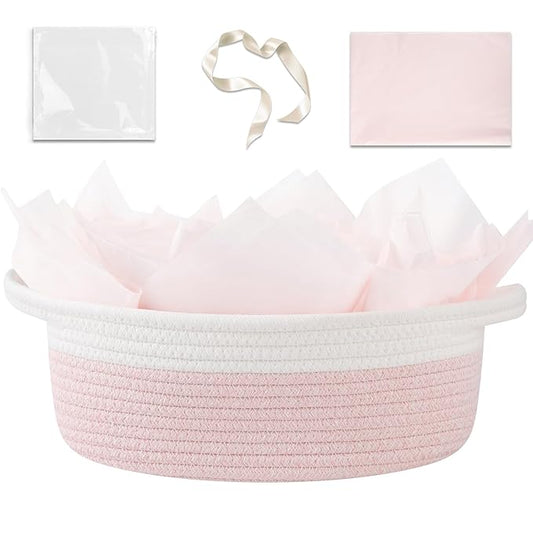 OIAHOMY Gift Basket Empty with Handle, 12"x 8"x 5" Small Woven Basket with Gift Bag, Ribbon and Wrap Tissue Paper, Dog Toy Storage for Organizing - Pink & White