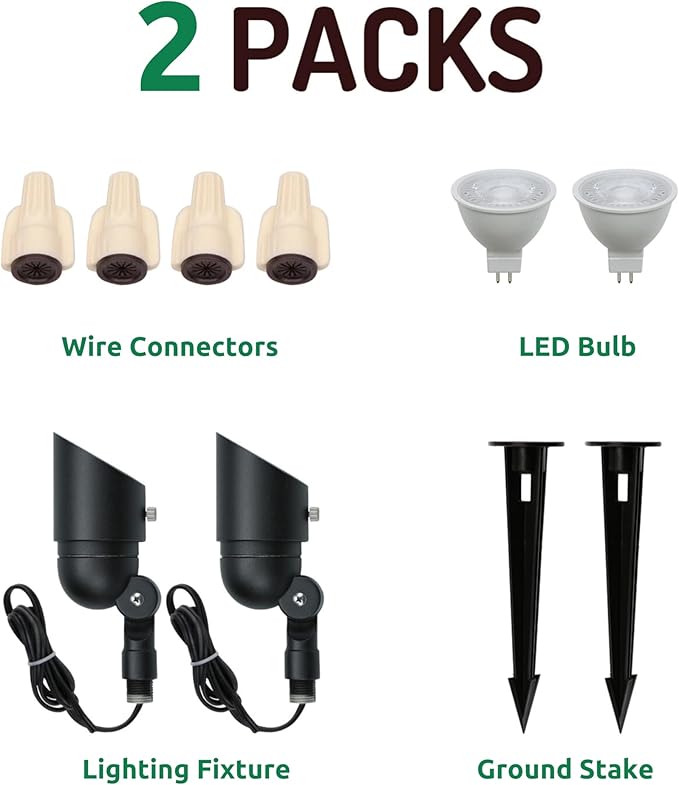 Lumina Lighting® 4W Landscape Lighting 12V Landscape Lights Low Voltage Landscape Spotlights Warm White Waterproof Outdoor Replaceable LED Bulb for Garden, Lawn, Porch, Patio and Yard (Black, 2-Pack)