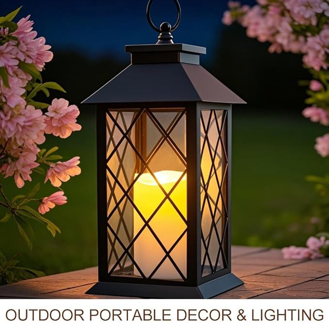 Bright Zeal 2-Pack 13.5" Vintage Candle Lantern with LED Pillar Candle (Black, 6hr Timer) - IP44 Waterproof Battery Powered Decorative Light - Outdoor Patio Hanging Lantern Decorative Tabletop Light