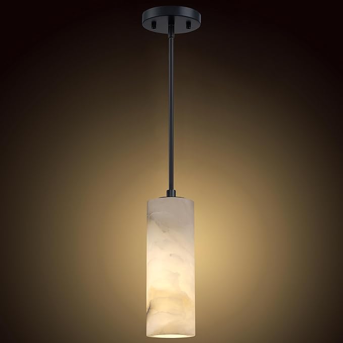 1 Light Modern Industrial Farmhouse Hanging Kitchen Island Pendant Ceiling Light Fixture,Cylinder Natural Alabaster Marble Black Finish Over Sink Restaurant bar Corridor