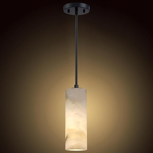 1 Light Modern Industrial Farmhouse Hanging Kitchen Island Pendant Ceiling Light Fixture,Cylinder Natural Alabaster Marble Black Finish Over Sink Restaurant bar Corridor