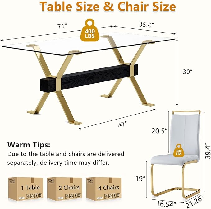 7 Piece Glass Dining Table Set, Kitchen Table Chairs Set for 6, 71'' Dining Table with 0.4" Tempered Glass Tabletop with Plated Metal Legs and MDF Crossbar, 6 PU Chairs for Dining Room, Kitchen.