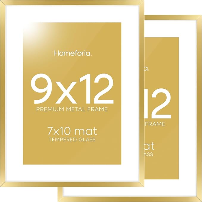 Homeforia 9x12 Gold Frame, High End Metal 9 x 12 Picture Frames with Mat 7 by 10 inch Photo, 9by12 Thin Poster Frame Matted to 7x10 Art, 12x9 Wall or Tabletop Frame, Tempered Glass, Wall Kit, Set of 2