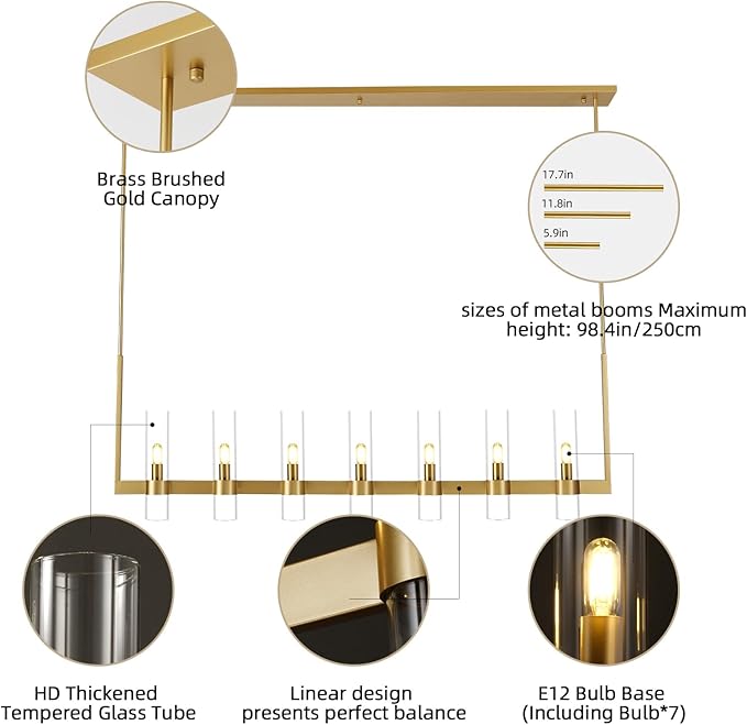 Modern Gold Linear Chandelier 59 in,Chandeliers for Dining Room 7 Light, Kitchen Island Lighting Fixture, Adjustable Chandelier over Dining Table, Gold Glass Chandelier Light Fixture, Includes Bulbs