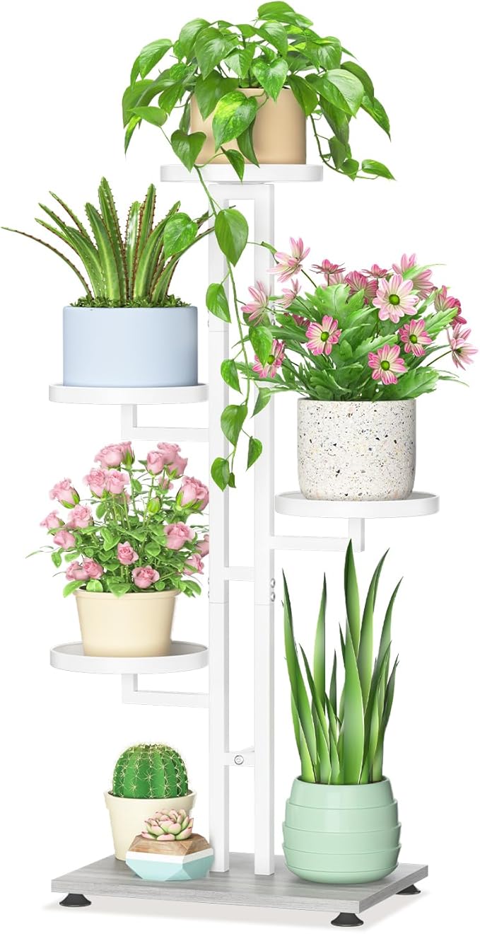 LASZOLA White 4 Tiered Plant Stand Indoors Heavy Duty Metal Rack, Sturdy Multi Level Shleving Hold Flowers, Larger House Decorate Ladder for Planting Inside Tree Herb Cactus, Wooden Base, Space Saving