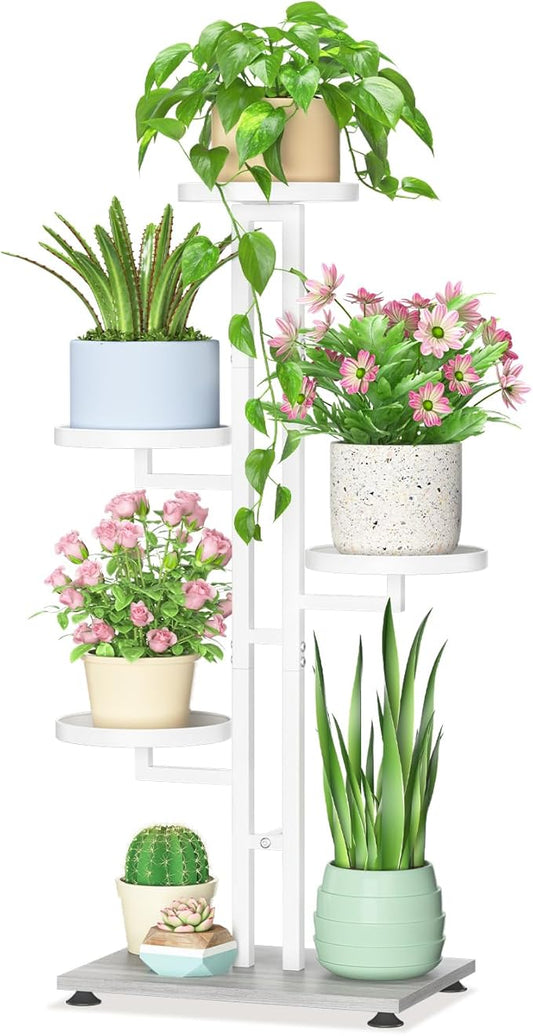LASZOLA White 4 Tiered Plant Stand Indoors Heavy Duty Metal Rack, Sturdy Multi Level Shleving Hold Flowers, Larger House Decorate Ladder for Planting Inside Tree Herb Cactus, Wooden Base, Space Saving