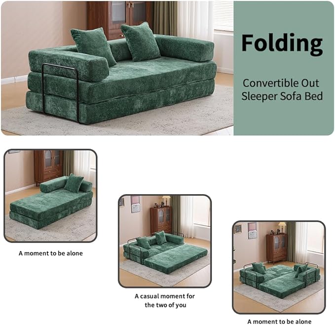 Convertible Folding Mattress Couch, Floor Sofa Bed with Fixed-Shape Frame, Flannel Floor Sofa with Armrest, Floor Sofa Lounge Couch for Living Room Bedroom Lounge Studio-Dark Green
