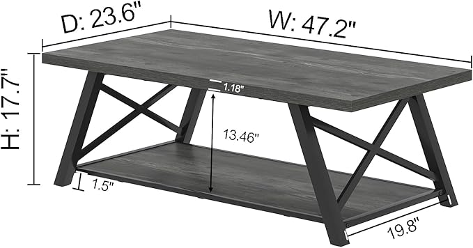 EXCEFUR Coffee Table, Industrial Wood and Metal Center Table for Living Room, Rectangle Cocktail Tea Table with Storage Shelf, Rustic Grey, 47 Inch