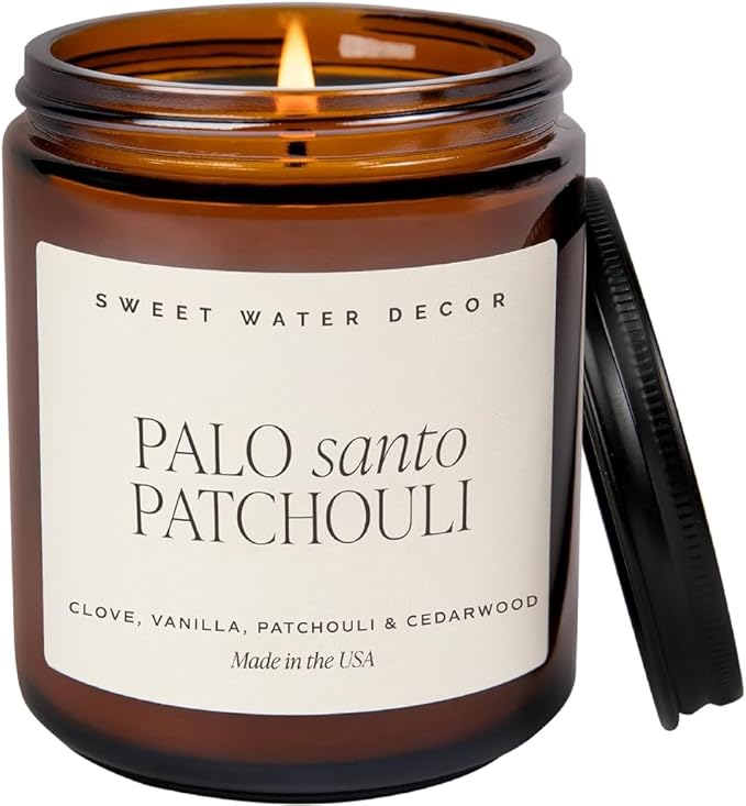 Sweet Water Decor Palo Santo Patchouli Soy Candle - Black Pepper, Clove Leaf, Nutmeg and Lavender Scented Candles for Home - 9oz Amber Jar + Black Lid, 40+ Hour Burn Time, Made in The USA