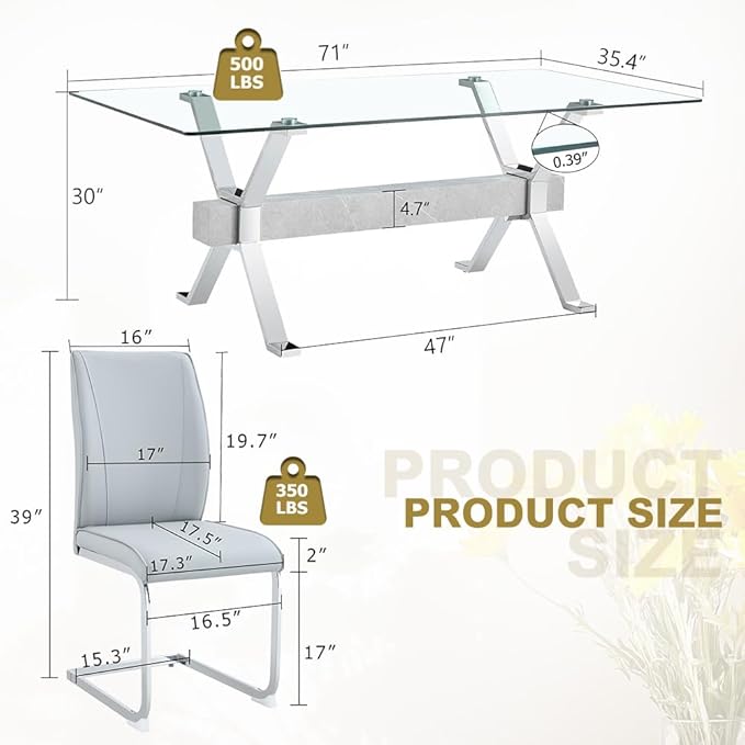 71'' Glass Dining Table Set for 8,9 Piece Dining Table Set with Tempered Glass Tabletop and Open‑Frame X‑Shaped Metal Base,Kitchen Table and Chairs Ideal for Dining Room&Home Office
