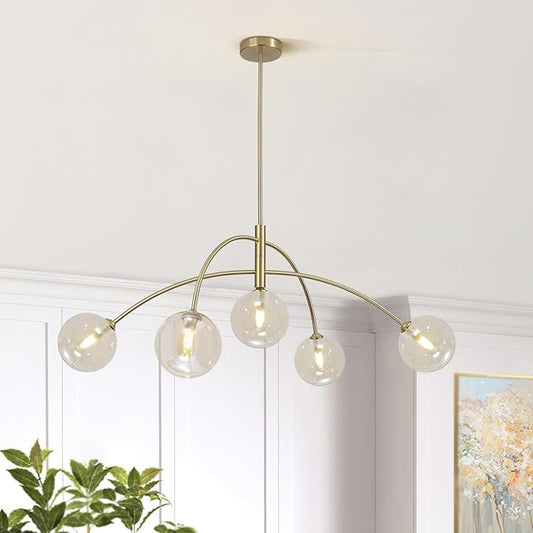 Mid Century Modern Sputnik Chandelier 5-Light Gold Glass Ceiling Light Large Brass Chandelier for Dining Room Kitchen Bedroom