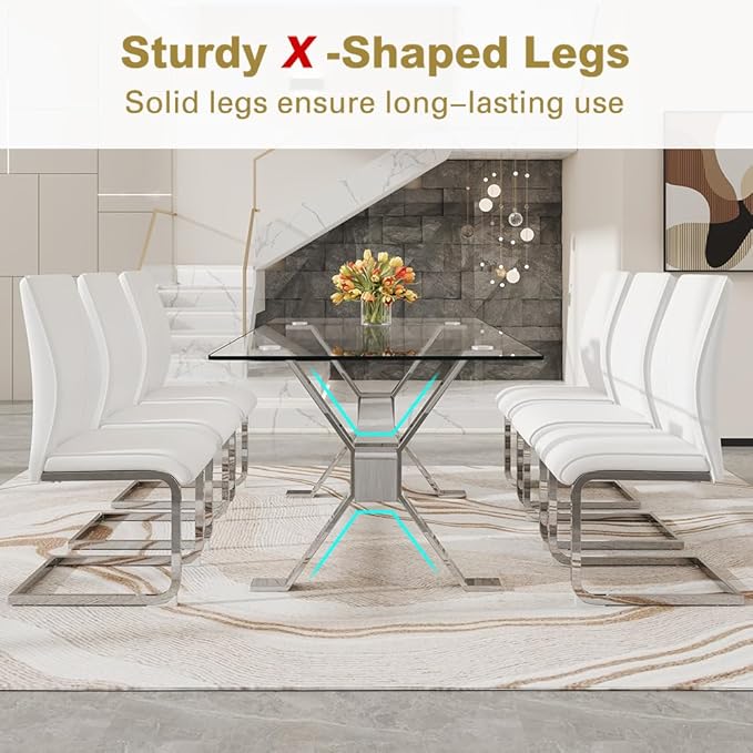 71'' Glass Dining Table Set for 6,7 Piece Dining Table Set with Tempered Glass Tabletop and Open‑Frame X‑Shaped Metal Base,Kitchen Table and Chairs Ideal for Dining Room&Home Office