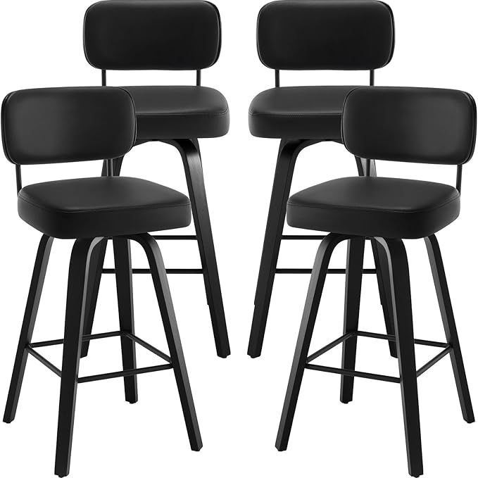 Swivel Counter Height Bar Stools Set of 4, 26" Upholstered Faux Leather Barstools with Back, Bar Chairs Island Stools for Kitchen Counter, Black Wood Frame, Black
