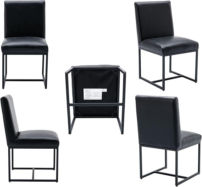 VESCASA Faux Leather Upholstered Dining Chairs with Black Metal Frame, Mid Century Modern Padded Kitchen Chair with Adjustable Foot Pads for Restaurant, Dining Room, Set of 4, Black