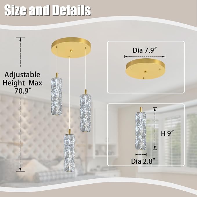 3-Light Gold Chandelier with Dimmable Ceiling Light Crystal Pendant Light for Kitchen Island, Dining Room, Living Room, Entry Hallway