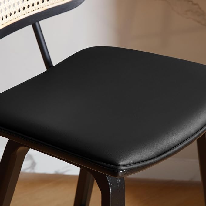 Counter Height Bar Stools Set of 2, 26" PU Leather Upholstered Rattan Barstools, Mid Century Modern Bar Chairs with Black Wood Legs, Armless Walnut Kitchen Island Dining Bar Chair, Black