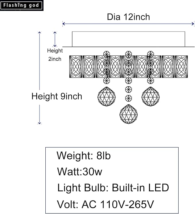 Flashing God 12" Modern Crystal Chandeliers Flush Mount Ceiling Light Black Chandelier for Hallway LED Dimmable Light Fixture for Dining Room Living Room Bedroom