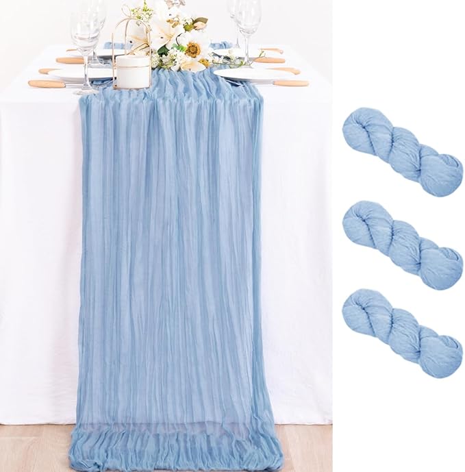 MLMC 3 Pack Dusty Blue Table Runner 10ft Boho Gauze Cheesecloth Table Runner Bulk 35x120 Inches Rustic Cheese Cloth Fall Decor for Wedding Bridal Shower Baby Shower Party Decor