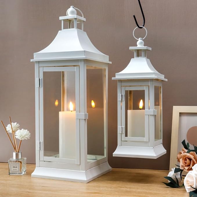 JHY DESIGN 19.5''&13''Tall Vintage Candle Lanterns Set of 2 Outdoor Hanging Tower Lantern Metal Candle Holder for Garden Living Room Indoor Outdoor Parties Weddings Balcony Patio